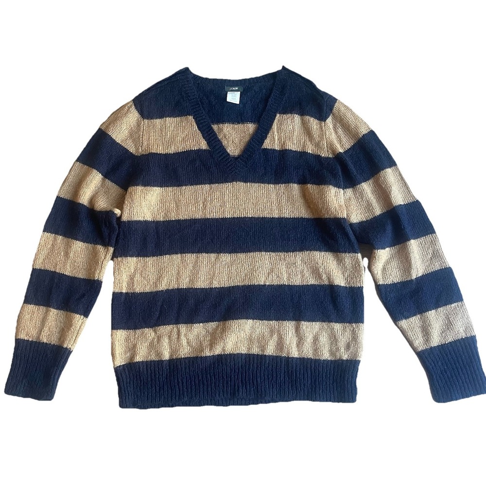 J.Crew Wool Mohair XL Sweater Breton Stripes Camel Navy Button Lightweight